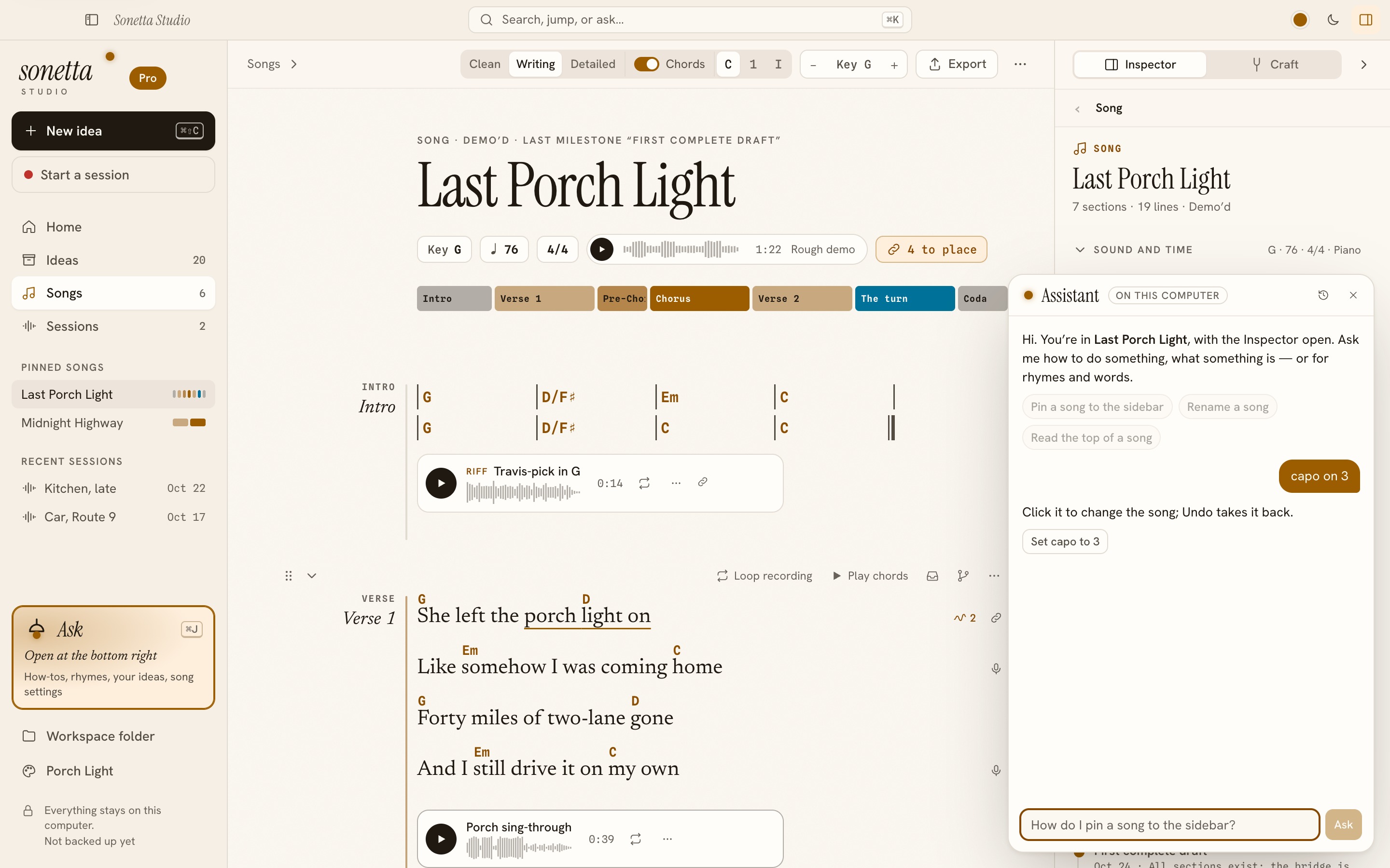 A song open in the Mac version of Sonetta Studio, showing verse one's lyrics with chords and a take beneath them, a sidebar of places on the left, a settings panel on the right and an assistant suggestion to put the capo on 3.
