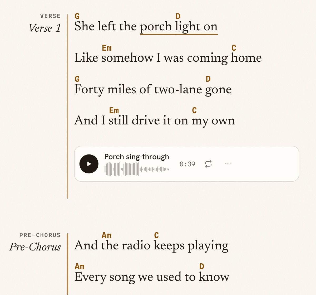 Verse 1 of Last Porch Light with G, D, E minor and C above their words, and the recording Porch sing-through under the verse.