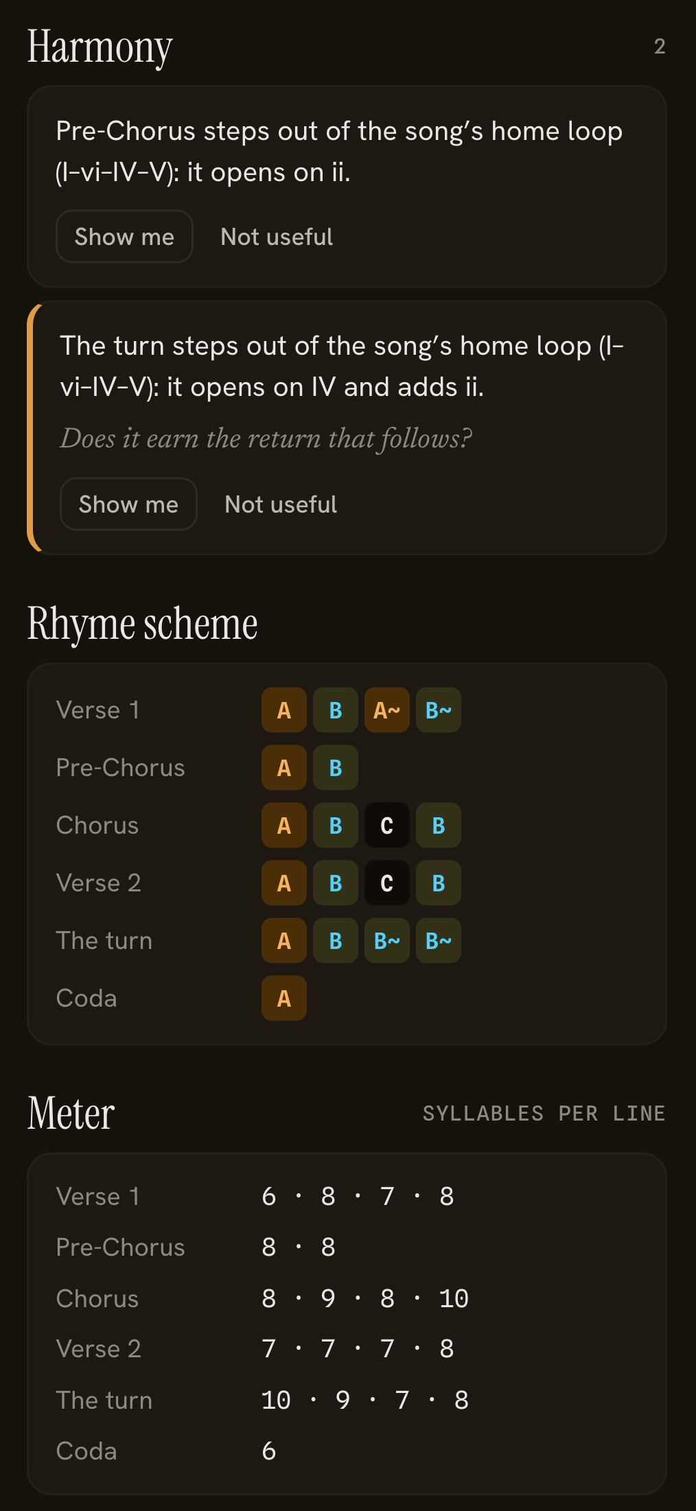 Craft’s Review beside a song: two harmony observations, the rhyme scheme as letters per section, and the syllables per line.