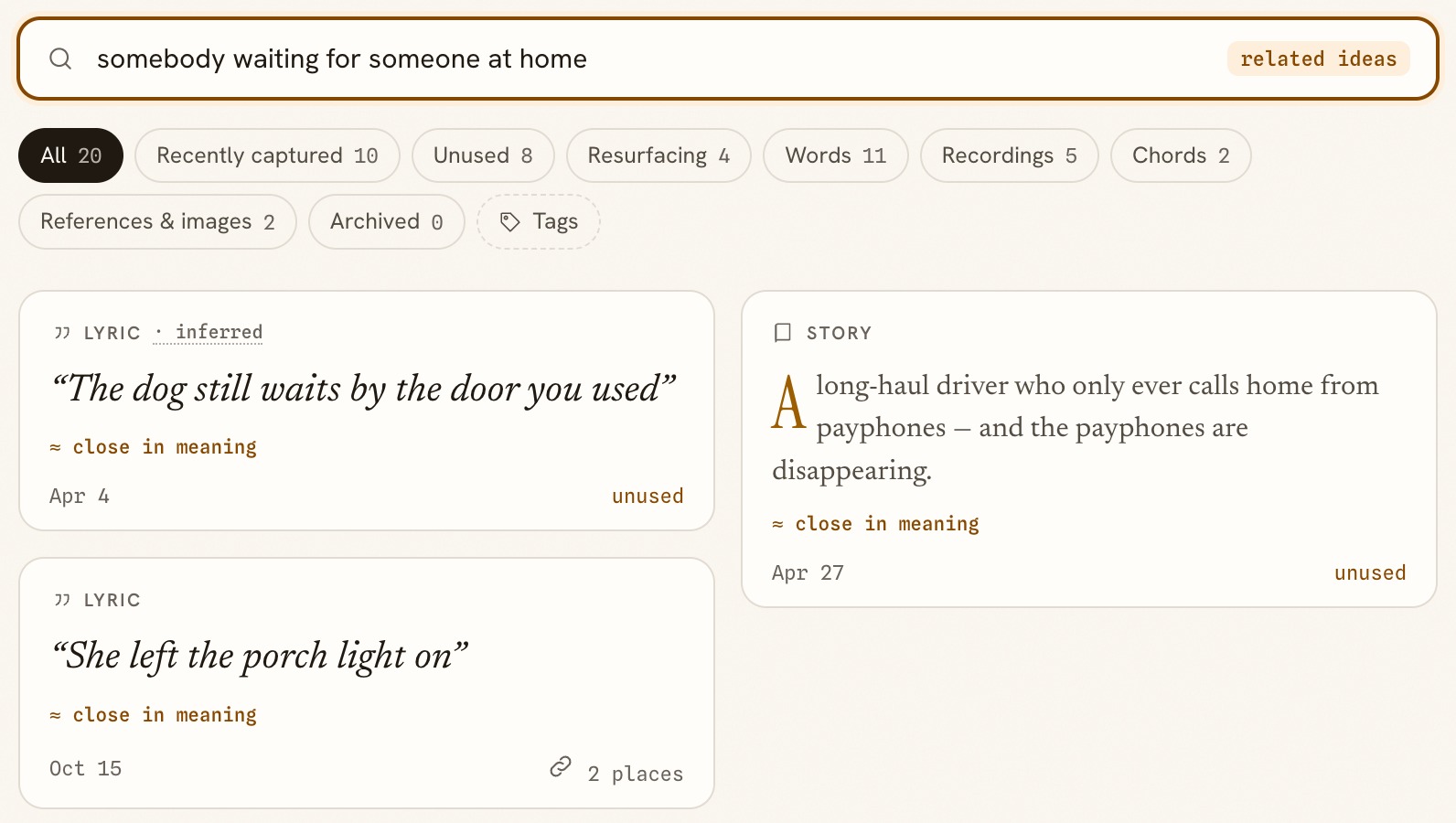 Ideas searched for “somebody waiting for someone at home”, with three ideas marked close in meaning.