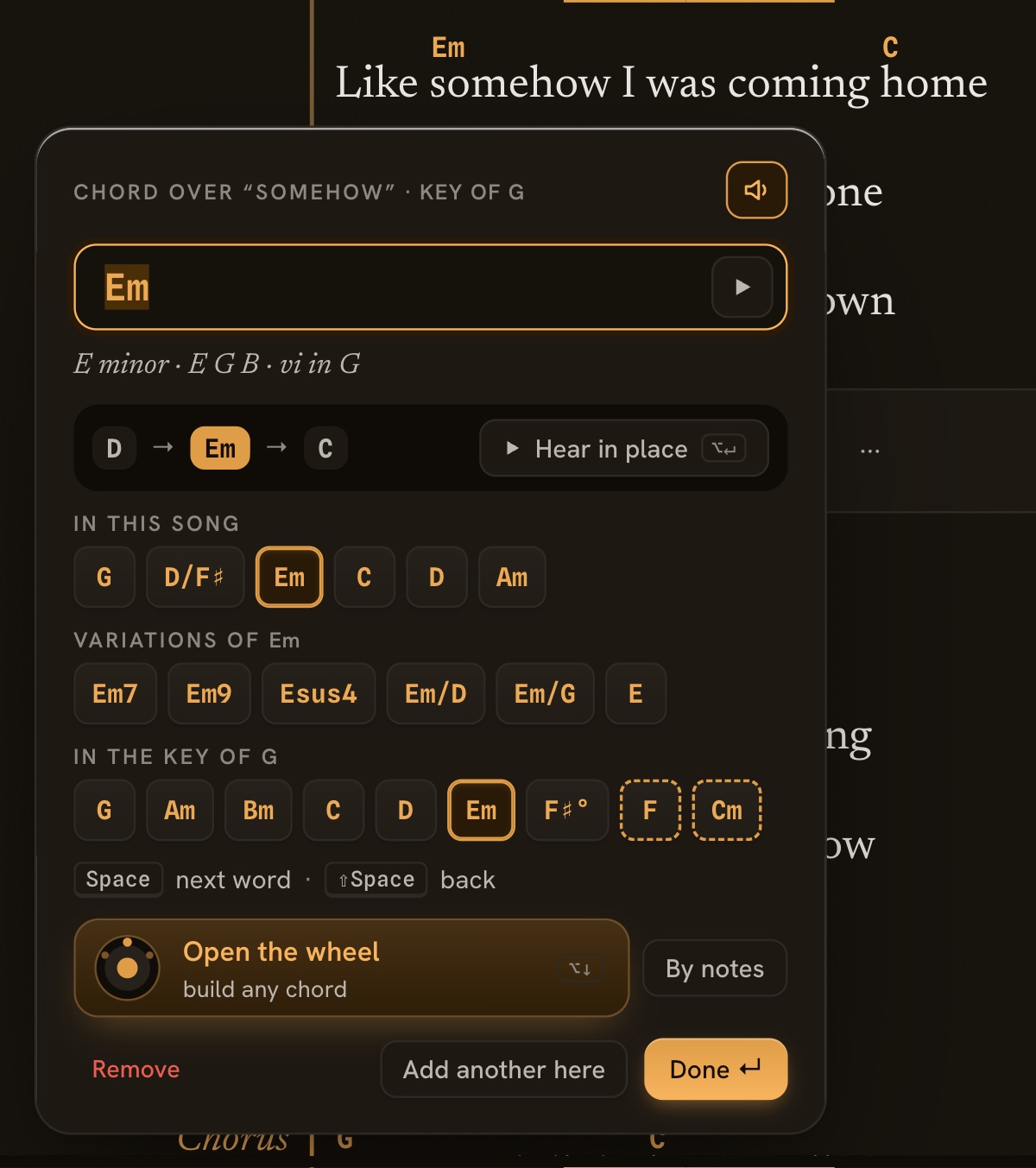The small box for choosing a chord, open under the word “somehow,” with Em and its place in G (vi), the chords before and after it, this song’s chords, variations of Em and the chords in the key of G.