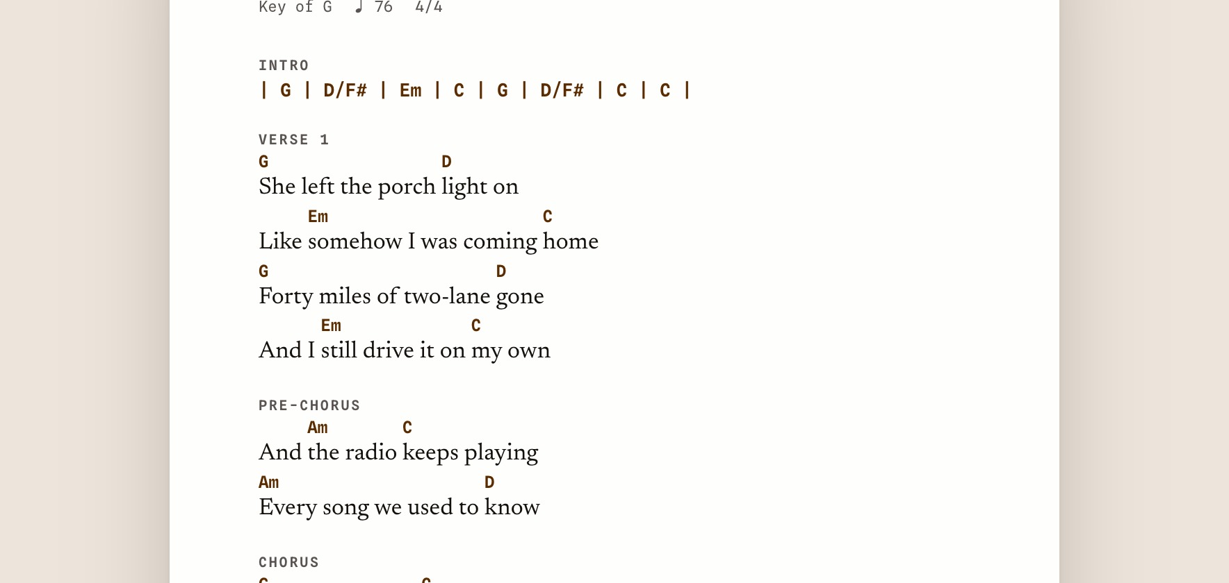 The top of a printed chord sheet, with the title, the writers’ credit, the key and tempo, an intro in bars and the first verse with its chords.