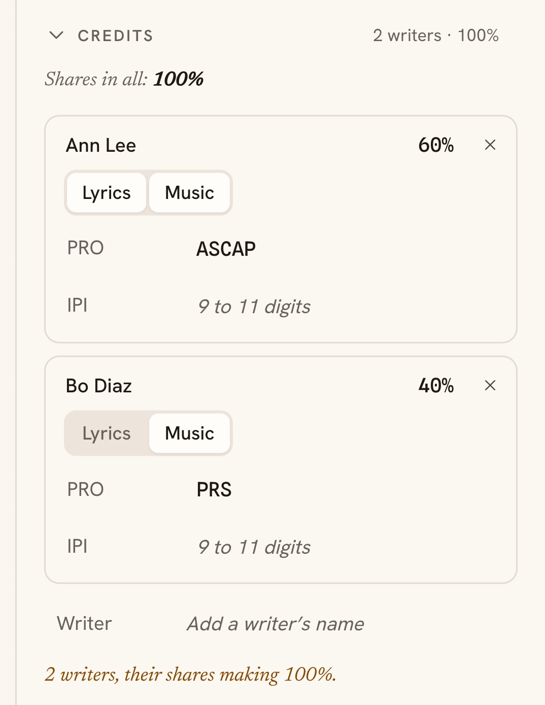 A song open in Sonetta Studio with its credits in the side panel, listing two writers, what each wrote, shares that add up to 100%, and each writer's performing rights organization and IPI number.