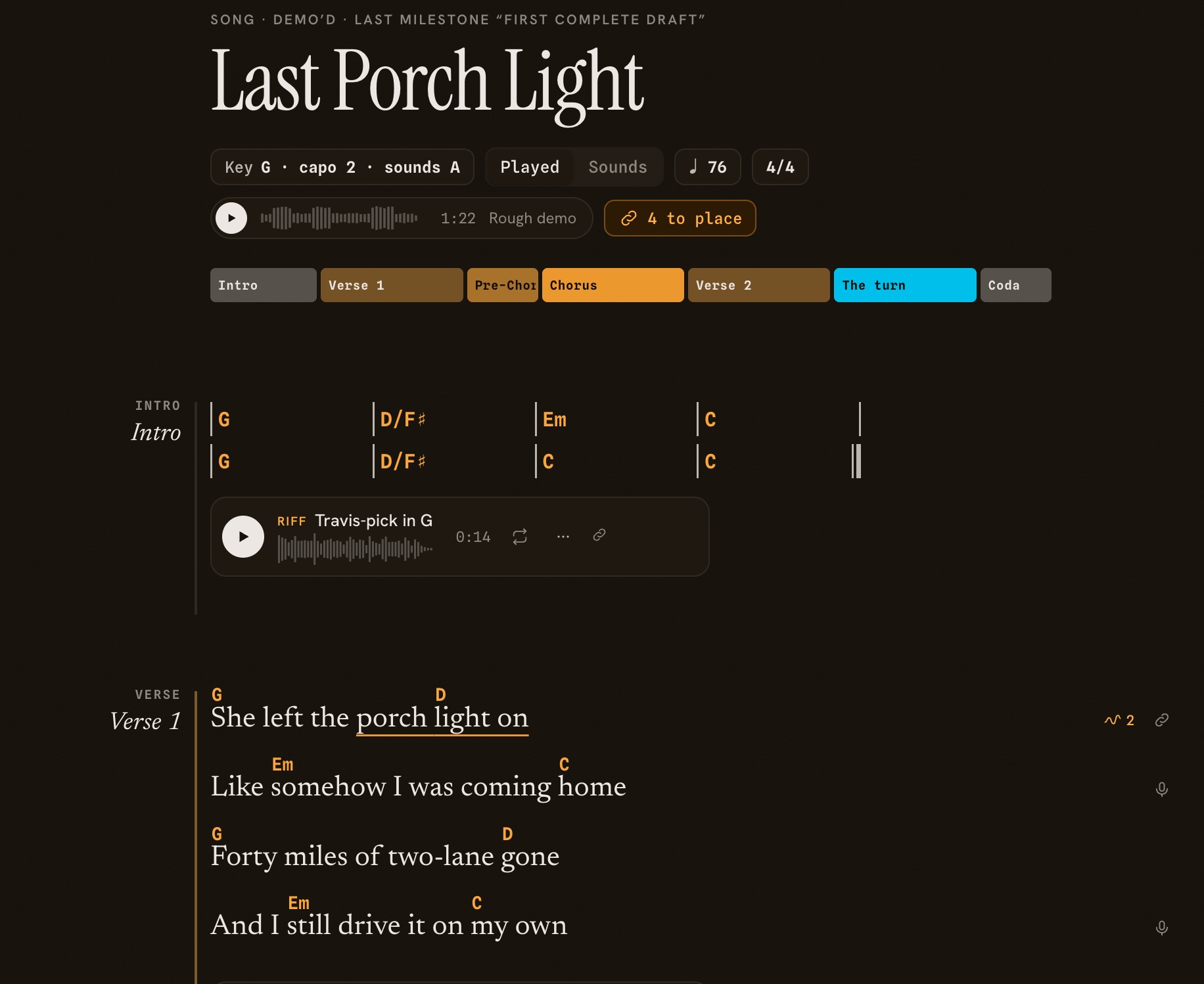 Last Porch Light with a capo on 2: the key reads “Key G · capo 2 · sounds A”, and verse one keeps its G, D, Em and C shapes.