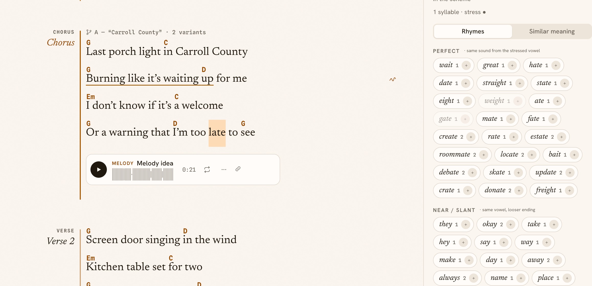 The chorus of Last Porch Light with “late” selected, and the rhyme list for it beside the song, each rhyme with its syllable count.