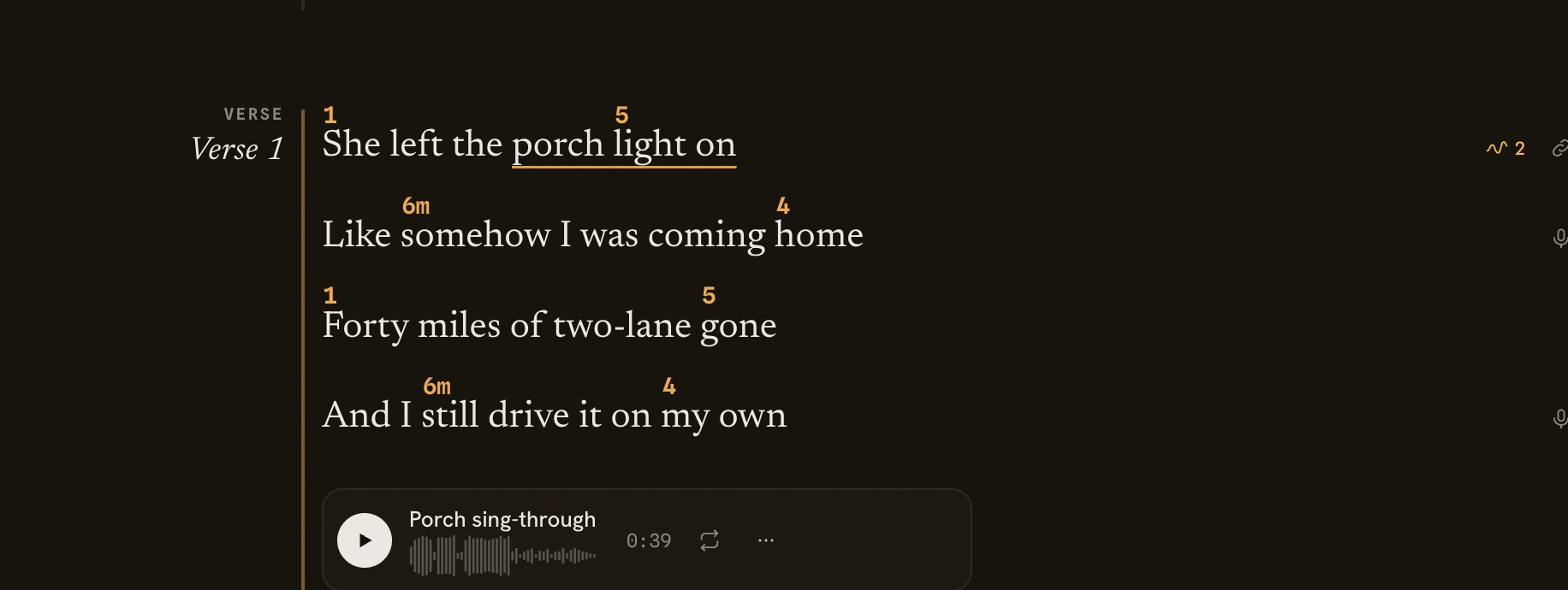 Verse one read as Nashville numbers: 1 and 5 over the first line, 6m and 4 over the second.